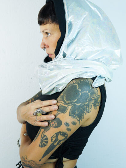 polyester hooded scarf// white pearl
