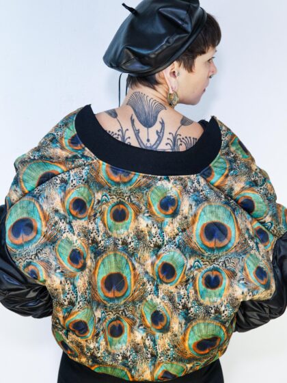 pillow jacket// peacock feathers